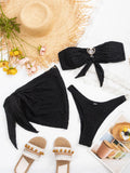 DEKA Love Bandeau Bikini Set Women Tie Side Shiny Ring Metal Hardware High Waisted Solid Ring Swimsuit 3 PCS Swimwear Padde Bra