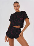 Heart Print Casual Round Neck Short Sleeve Shorts Two-piece Set Pajamas Set Women Summer Sleepwear Home Wear