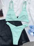 Ribbed Triangle High Cut Bikini Women Swimsuit Female Thong Swimwear Two Pieces Bikini Set Rings Bather Bathing Suit Swim Lady