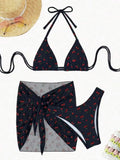With Mesh Skirt Cherry Printed Bikini Female Swimsuit Women Swimwear Three Pieces Bikini Set Halter Bathing Suit Swim Beachwear