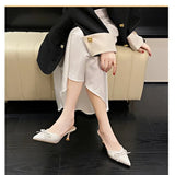 Patent Leather Bowknot Mule Slides Woman Pointed Toe Kitten Heel Pump Sandals Ladies  Bright Color Evening Party Dress Shoes