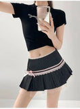 Striped Contrasting Color Bow Lace Splicing Pleated Skirt Women 2026 Summer American Style Low Waist  A-line Short Skirt UBFK