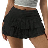 Women's Summer Solid Color Lace Floral Skirt High Rise Tiered Ruffled Flowy Short Mini A Line Skirts Streetwear