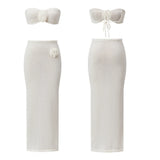 Women’s Two Piece Knit Summer Outfits Strapless 3D Flower Tube Tops and Long Skirt Set Beachwear Sexy Club Holiday Clothes