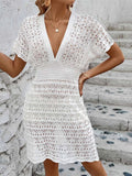 S - XL Short Sleeve V Neck Crochet Knitted Tunic Beach Cover Up Cover-ups Beach Dress Beach Wear Beachwear Female Women V5314