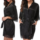 Women  Elegant Lightweight Black Satin Robe with Delicate Lace Trim Perfect for Lounging Sleepwear or Bridesmaids