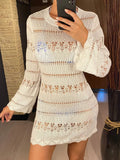 S - XL Long Sleeve Hollow Out Crochet Knitted Tunic Beach Cover Up Cover-ups Beach Dress Beach Wear Beachwear Female Women K5542