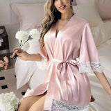 New Ladies Elegant Satin Robe Lace Trim Kimono Short Sleepwear Nightgown V Neck Belted Bridal Loungewear Bridesmaid Gift