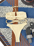 Solid Color Bikini Sexy Hollow Out Bandage Cross Thong Swimwear Women Halter Backless Bathing Suit High Waist Swimsuit 2026 New
