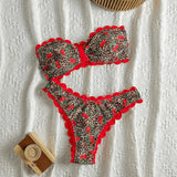 Sexy Bandeau Bikini 2026 Women Red Leopard Print Front Bow Push Up Bra High Waist Swimsuit Beach Bathing Suit Vacation Swimwear