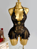Elegant Lace Halter Neck Teddy Bodysuit With Bow Detail And Ruffled Hem Sexy Women's Lingerie