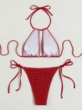 2025 Halter Tie Side Hollow Out Smocked Bikini Women Swimsuit Female Swimwear Two Pieces Bikini Set Swim Bathing Suit Beach Wear