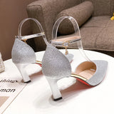 ZOKI Bling Gold Silver Women's Pumps 2024 Sexy Point Toe Thin Heel Party Wedding Shoes Woman Summer Ankle Strap High Heels Shoes