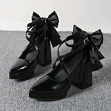 Punk Pointed Toe Thick Heels Mary Jane Shoes Women Bowknot Decor Cross Strap Platform Pumps Woman Patent Leather Party Shoes