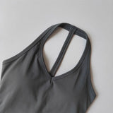 Women's Summer V-Neck Yoga Sports Vest Hanging Back Neck Design Outdoor Running Training Gathered Fit Active Wear Top