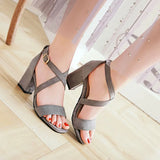 Big Size Casual Women Sandals Black Flock 7cm High Square Heels Peep Toe Summer Cross Buckle Strap Party Office Red Lady Sandals