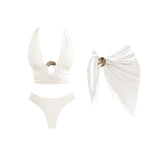 2Pcs Deep V Swimsuit With Long Skirt Women Sexy Swimwear Female Bikini Cut Out Biquini Swim Suit Shiny Button Bodysuit Beachwear