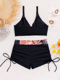Women's Two-Piece Swimsuit Cross Strap Backless Bikini Floral Print Sports Fit Bodycon Polyester Fabric Swimming Water Sport
