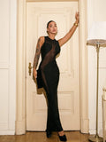 Ahagaga Summer Sexy Club Women Maxi Dresses Mesh Patchwork Sheer O-Neck Elegant Sheath Split Bodycon Party Elegant Vestidos
