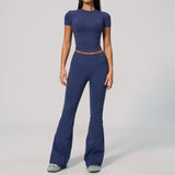 Seamless High Elasticity Yoga Sets Women Short Sleeve O Neck Sports T Shirts Workout Outfits Running Wide Leg Pants Fitness Suit