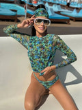 2026 Women's Retro Print Scoop Neck Padded Long Sleeve One Piece Swimsuits High Cut Bathing Suits Swimwear Bodysuit Купальник