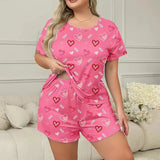 Pink Heart Print Plus-Size Women Sleepwear Pajama Set Nightgowns  Short Sleeve Tee and Shorts  Nightclothes 3XL 4XL 5XL Smooth