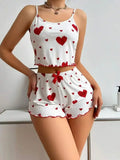 Summer Sleepwear Women Heart Print Relaxed Fit Pajama Set Round Neck Backless Crop Cami Top and Shorts Set Loungewear