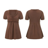 Summer Women´s Y2k T-shirt Short Sleeve V Neck Ruched Babydoll Tops Casual Loose Shirts Retro Clothes