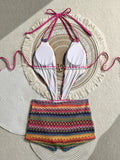 Bohemia Pink Knitted Striped Swimwear 2026 Women Metal Circle Patchwork Hollow Backless Beach Bathing Suit One Piece Swimsuit