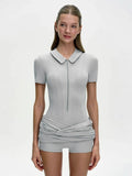 FDYOUI Women's Polo Collar Zip-up Jumpsuit Dress Chic Short Sleeve Folds Solid Bodysuits One Piece Yoga Fitness Sporty Playsuits