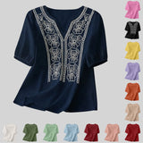 Women Summer Loose Embroidered V Neck Solid Color Short Sleeved Comfortable Button Down Shirt Top женская одежда