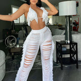 DEKAWomen Tassel Pants Knitted Bra Top Bikini Set Swimsuit Handemade Crochet Bikini Cover Up Tassel Beach Long Wrap Pant