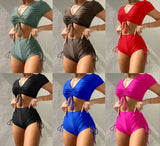 Sexy Drawstring Bikini Set 2026 Women Green Black Short Sleeve Two Piece Swimsuit Summer Bathing Suit Pleate High Waist Swimwear