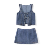 2026 New Women’s Denim Street 2 Piece Sets Sleeveless Tie-up Front Tops Vest and Mini Skirt Outfits Fashion Clubwear