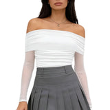 Women Spring Summer Off Shoulder Cropped Tops Slim Long Sleeve Ruched Sheer Going Out T-shirts