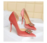 Women 10cm Super High Heels Pointed Toe Side Hollow Work Pumps Metal Crystal Buckle Velvet Stiletto Fashion Banquet Lady Shoes