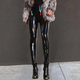 Sexy Nightclub Pants Women Faux Leather Pencil Pants Solid Color High Waist Mirror Surface Solid Color Shinny Slim Trousers
