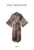 Sexy Leopard Print Satin Long Robe Women Flare Sleeve Tie Waist High Slit Loungewear Outerwear