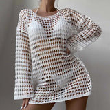 Womens Beach Cover Up Knit Solid Color Long Sleeve Dress Sexy Slim-Fit Beachwear Cover Up Beach Holiday Sun Protection Clothing