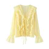 Women's Layered Bell Sleeve Blouse Yellow Ruffled Sheer Blouse V Neck Tie Front Long Sleeve Casual Top With Puffed Sleeves BLZW