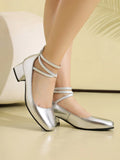 Metallic Silver Gold Women Mary Jane Pumps Square Toe Block Heel Crisscross Ankle Strap Back Zipper Elegant Party Dress Heels