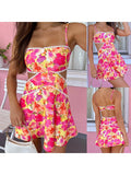 Women's Summer Fashion Open Back Mini Cami Dress Sleeveless Cutout Floral Print Spaghetti Strap Dresses