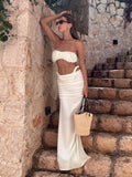 Ruched Bandeau Swimsuit Strapless 3 Piece White Bubble Bikini Sets White High-Cut Maxi Skirt Swimswear Luxury Beach Outfit K264