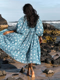 Foridol Lantern Half Sleeve Cyan Bohemian Beach Midi Loose Dress Summer for Women Tie Up Casual Floral Holiday Midi Vestidos