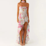 Women Summer Casual Tube Dress Fashion Solid Color/Floral Print High Low Ruffles Long Dresses with Scarf