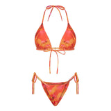 Combhasaki Women's Y2K Goth 2Pieces Tie-up Bathing Suits Sleeveless Halter Neck Backless Floral Bra + Low Waist Thong Swimsuits