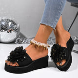 Fashion Flower Design Wedge Slippers Women Summer Sequins Black Platform Slides Female Stylish Anti-Slip High Heel Sandals Mujer