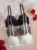3PCS/Set Women's Floral Lace Bra Set French Underwear Comfortable Push up Bra Intimates Lingerie with Rhinestone Bow