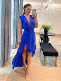 Foridol Women Summer OL Sleeveless Tank Party Dress Deep V Neck Backless Maxi Casual Vestidos De Fiesta Irregular Sexy Dress