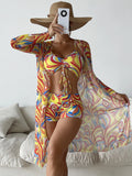 New Sexy 3 Pieces Suit for Women Neck Hanging Bikini Set+Cover-up Swimwear Sunproof Tankini High Waist Shorts Swimsuit Beachwear